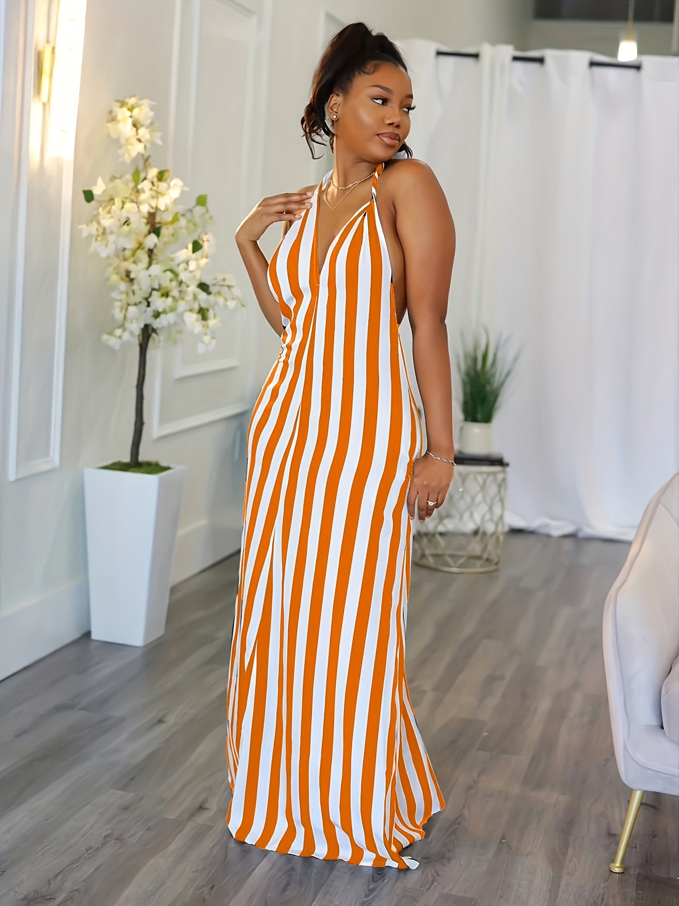 Striped V-neck Halter Dress, Sexy Backless Halter Dress For Spring & Summer, Women's Clothing