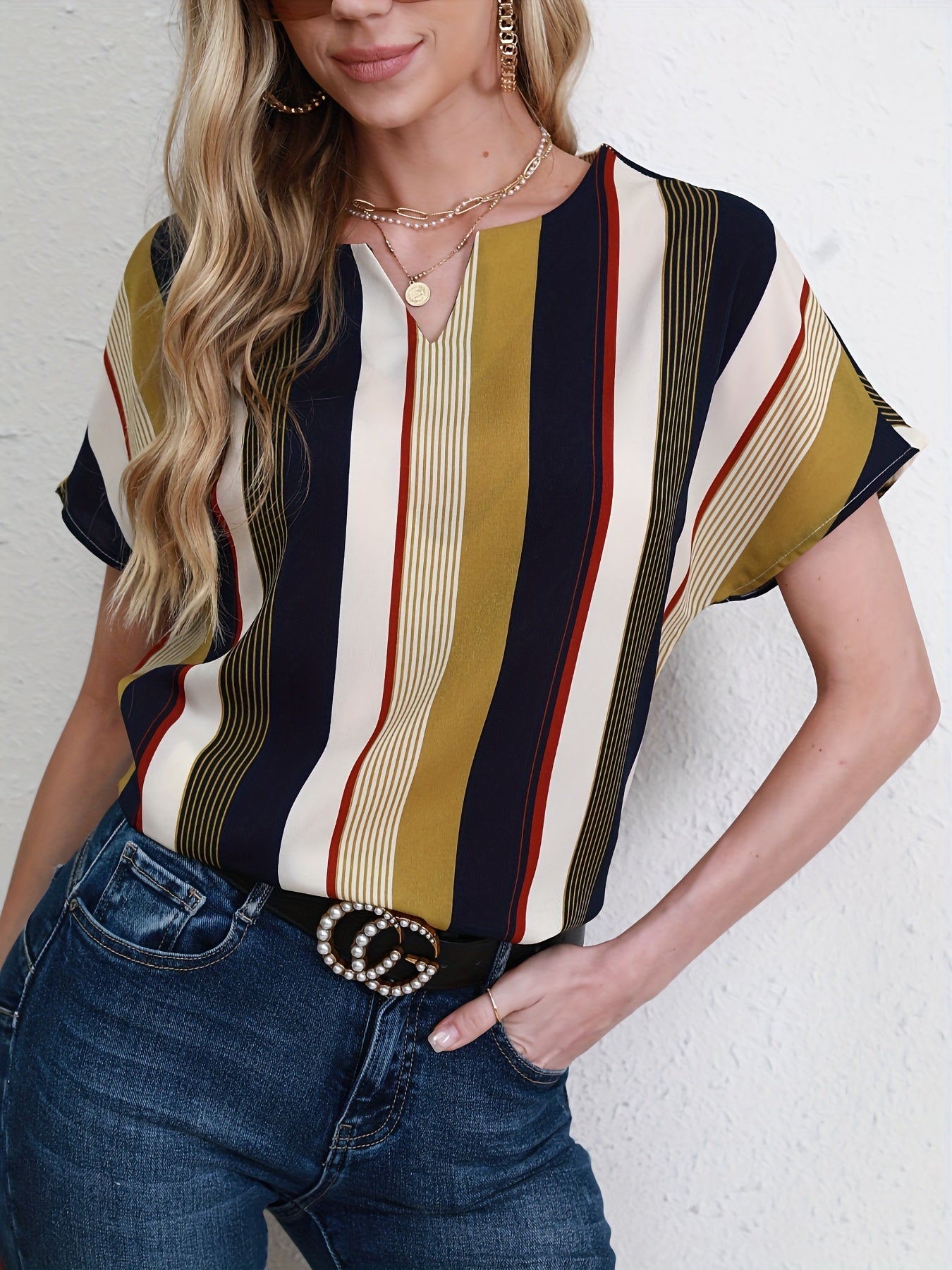 Striped Notched Neck Blouse, Casual Short Sleeve Blouse For Spring & Summer, Women's Clothing