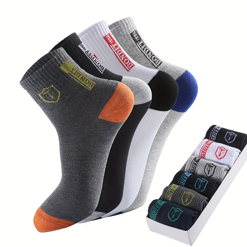 6pcs LIJIE Men's Breathable Crew Socks - Casual Business Style with Letter Print, Comfortable Polyester & Spandex Blend, Hand Wash Only, Assorted Colors, Versatile Dress Socks|Logo Printed Socks|Comfortable Fit Socks