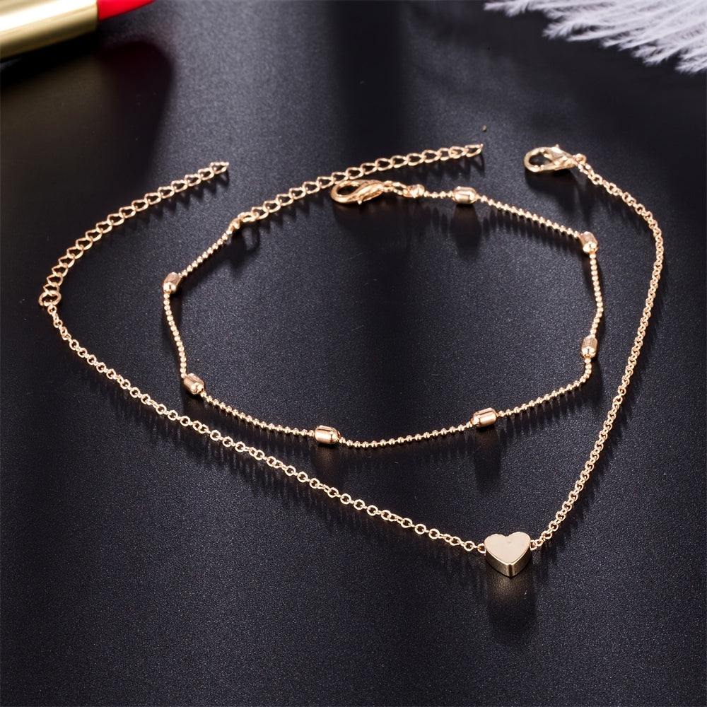 Elegant Double-Layered Beaded Heart Anklet for Women - Golden-Tone Alloy with Floating Beads, Perfect for Summer Beach & Casual Attire