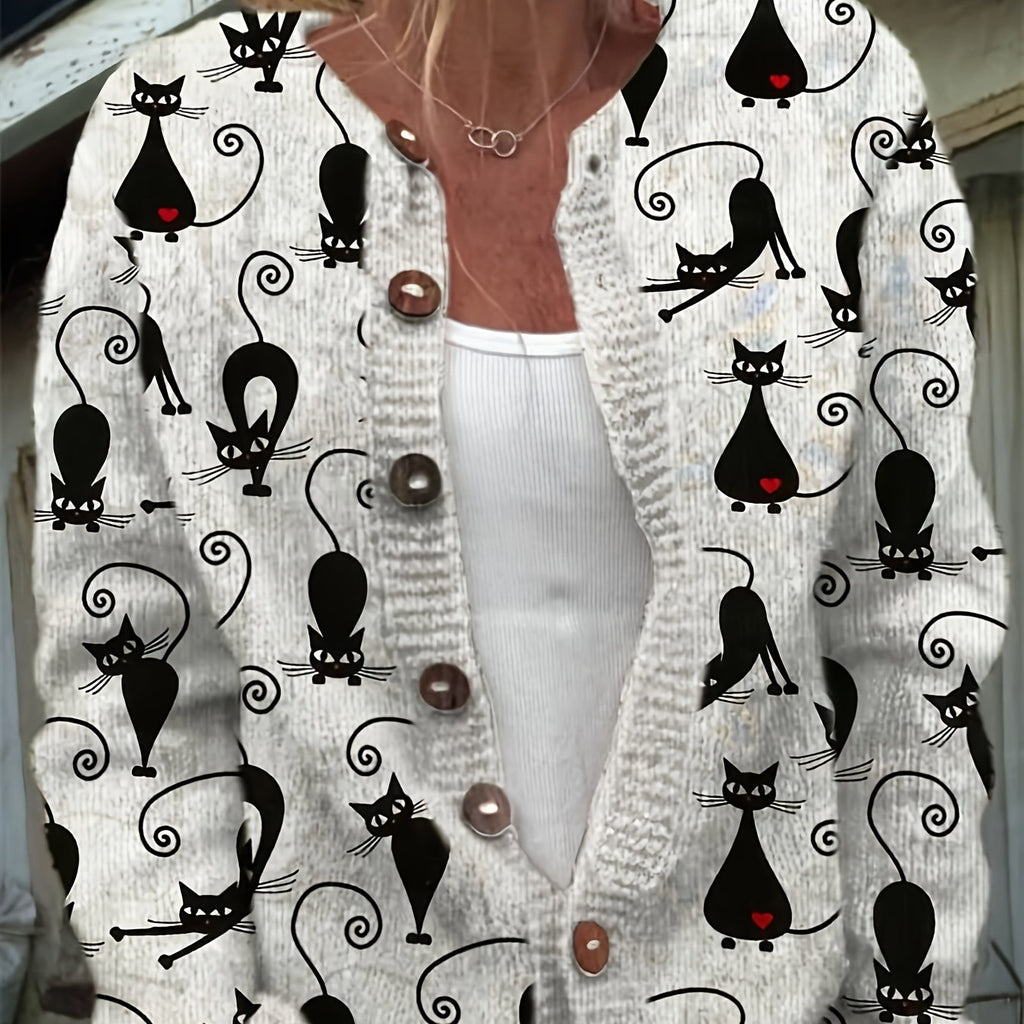 Women's Casual Cardigan Sweater - Black Cat & Red Gem Accents, Machine Washable Open Front Sweater for Everyday or Formal Outfits, Spring/Fall Layering Piece - Nina Women's Sweater, Spring Fall Apparel, Textured Knitwear