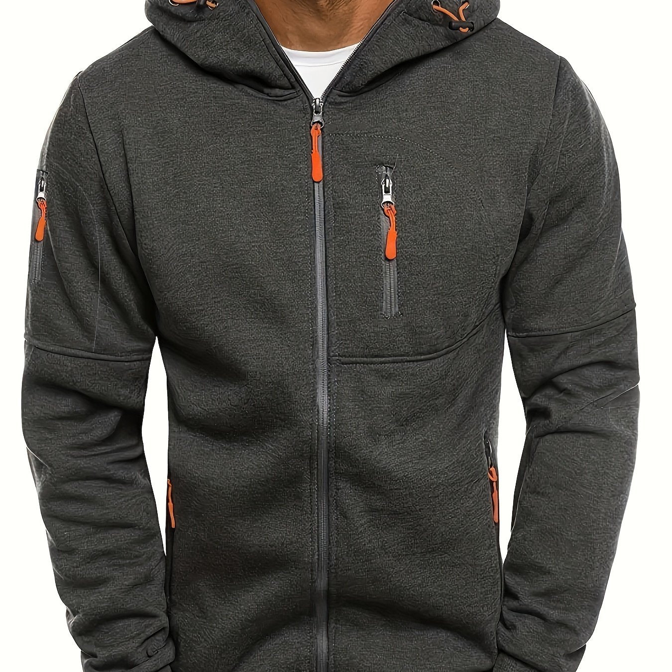 Mens Regular Fit Hooded Long Sleeve Solid Color Polyester Casual Sweatshirt with Zip Up Closure, Pockets, and Slight Stretch for Outdoor Sports