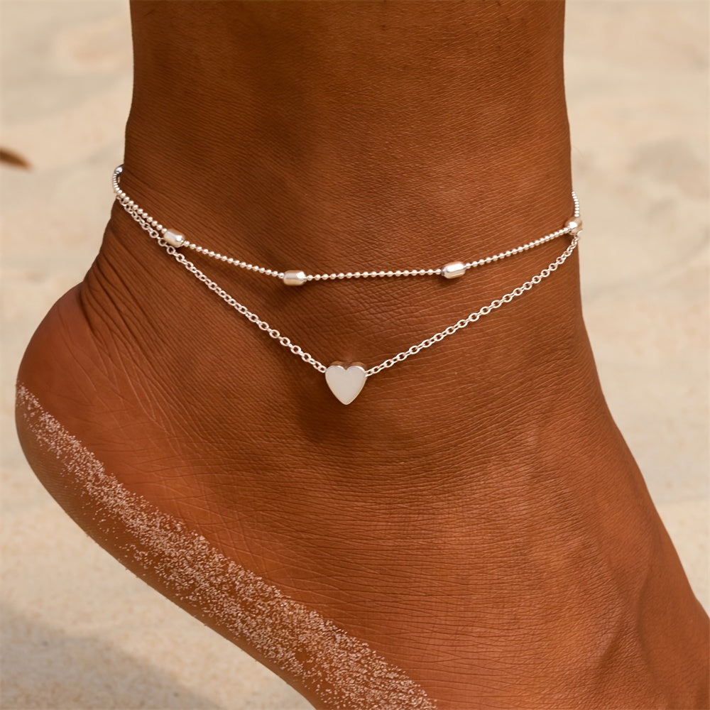 Elegant Double-Layered Beaded Heart Anklet for Women - Golden-Tone Alloy with Floating Beads, Perfect for Summer Beach & Casual Attire