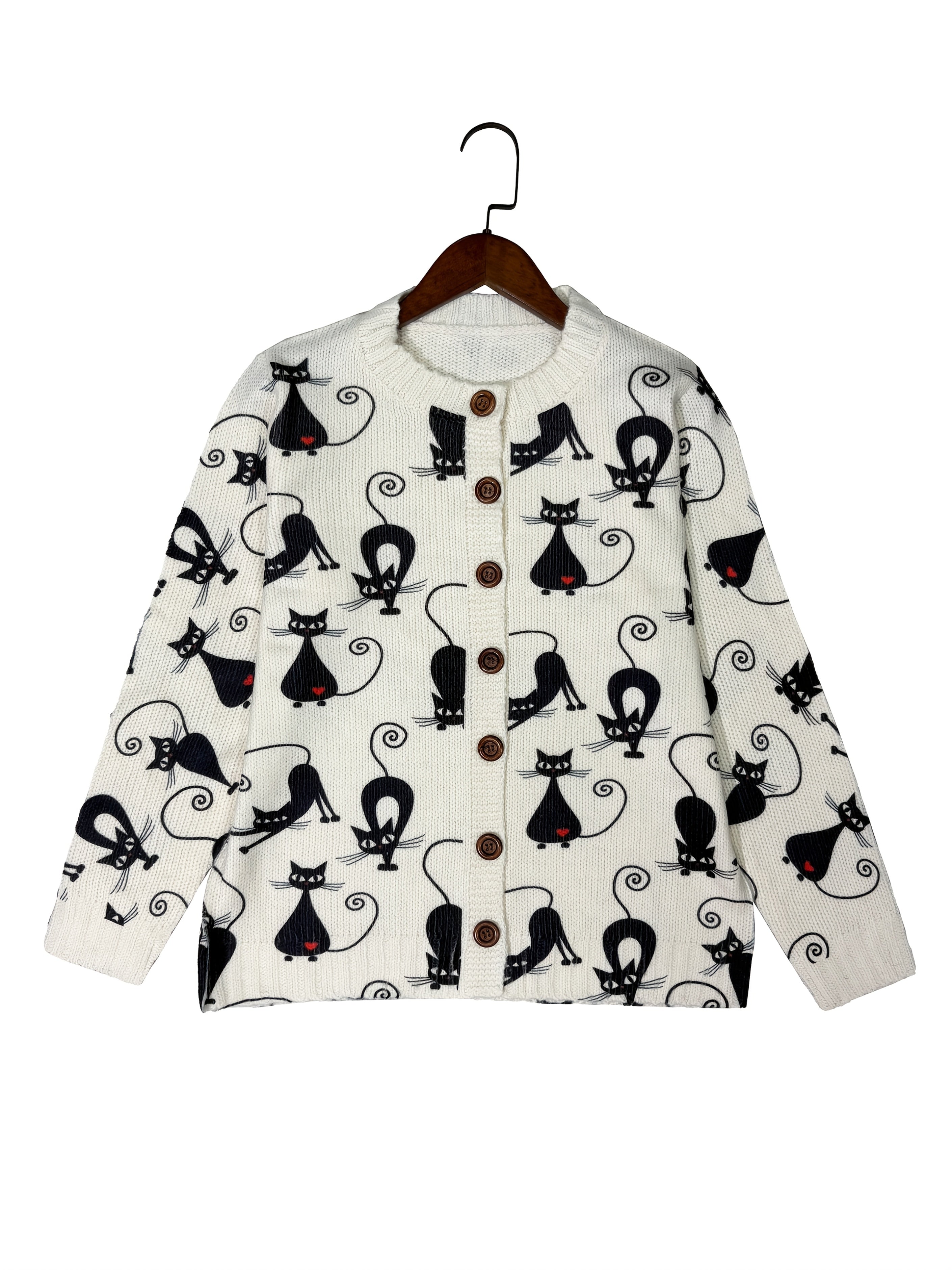 Women's Casual Cardigan Sweater - Black Cat & Red Gem Accents, Machine Washable Open Front Sweater for Everyday or Formal Outfits, Spring/Fall Layering Piece - Nina Women's Sweater, Spring Fall Apparel, Textured Knitwear