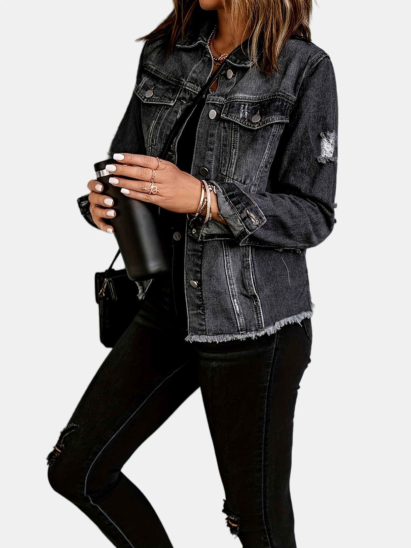 Black Raw Hem Denim Coats, Long Sleeves Flap Pockets Single-Breasted Button Ripped Denim Jackets, Women's Denim Clothing