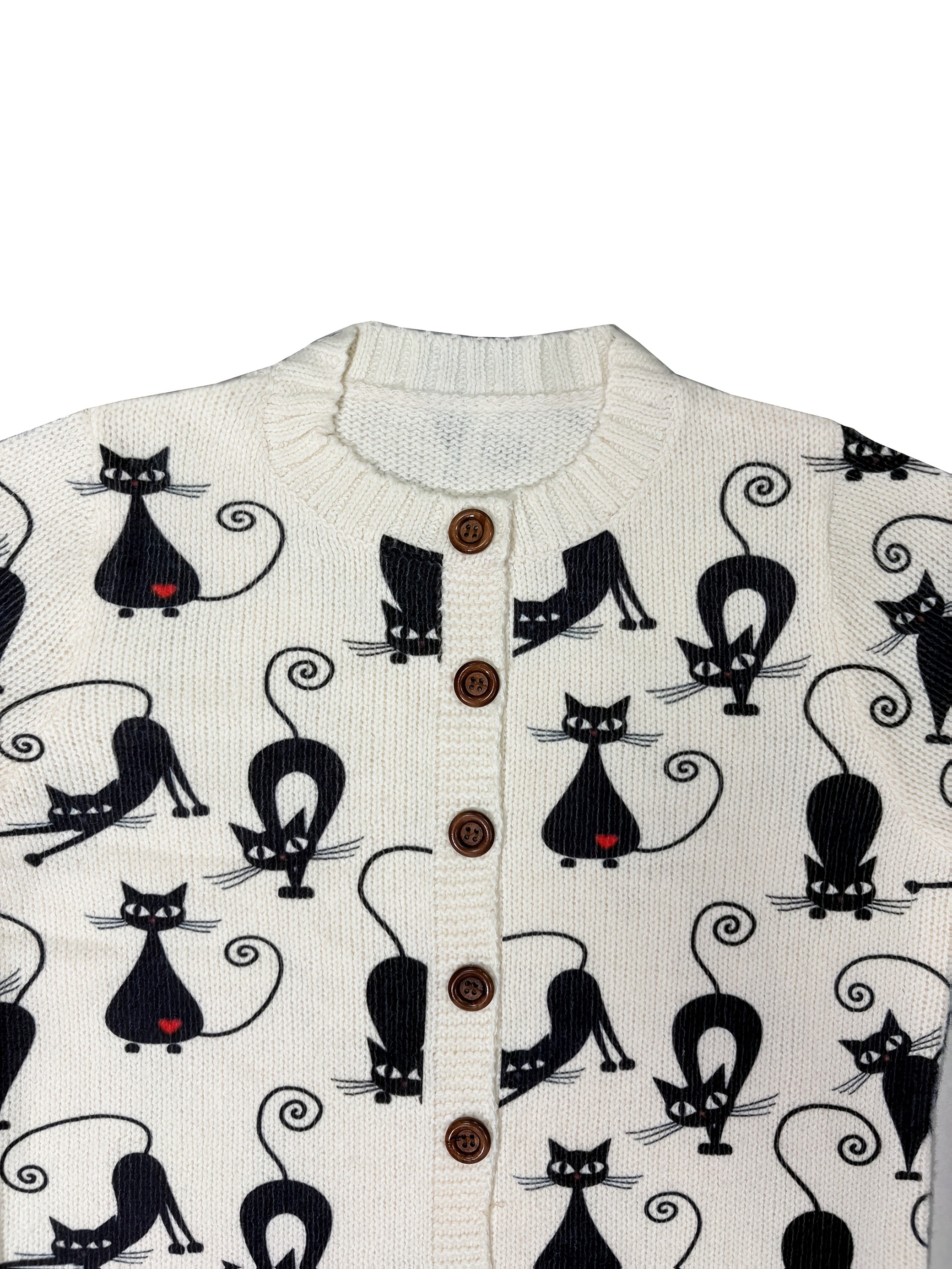 Women's Casual Cardigan Sweater - Black Cat & Red Gem Accents, Machine Washable Open Front Sweater for Everyday or Formal Outfits, Spring/Fall Layering Piece - Nina Women's Sweater, Spring Fall Apparel, Textured Knitwear