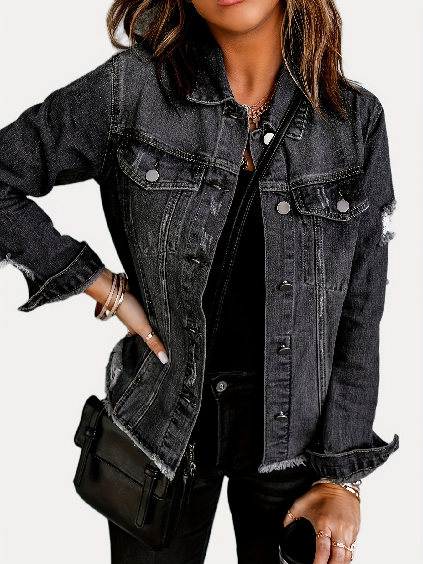 Black Raw Hem Denim Coats, Long Sleeves Flap Pockets Single-Breasted Button Ripped Denim Jackets, Women's Denim Clothing