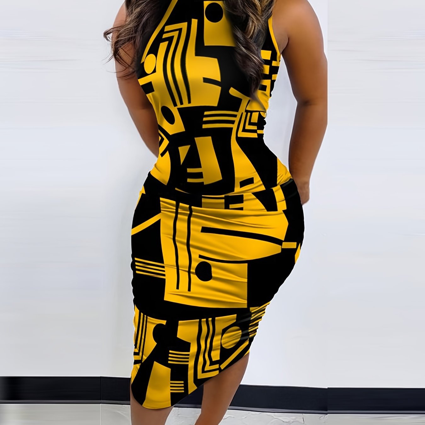 [Green Bodycon Dress] Olive Green Geometric Print Women's High-Waisted Sleeveless Dress | Stretchy Bodycon Midi Dress with Stand Collar, Machine Washable All-Season Vacation & Casual Wear, Tight Fitted Dress, Versatile Fashio