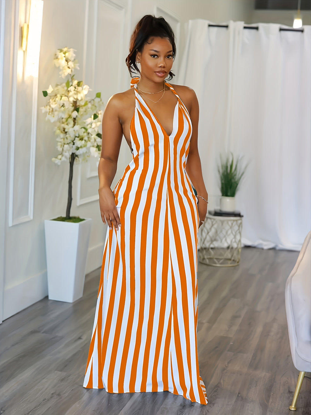 Striped V-neck Halter Dress, Sexy Backless Halter Dress For Spring & Summer, Women's Clothing