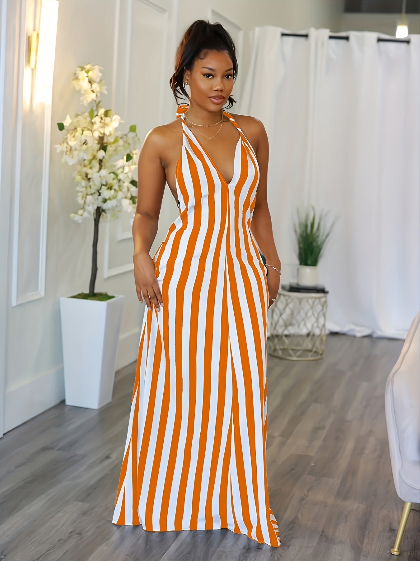 Striped V-neck Halter Dress, Sexy Backless Halter Dress For Spring & Summer, Women's Clothing