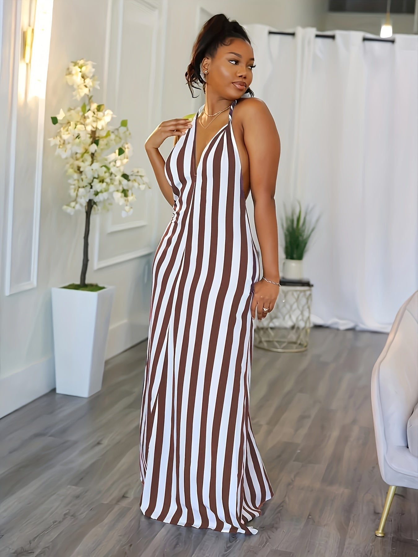 Striped V-neck Halter Dress, Sexy Backless Halter Dress For Spring & Summer, Women's Clothing