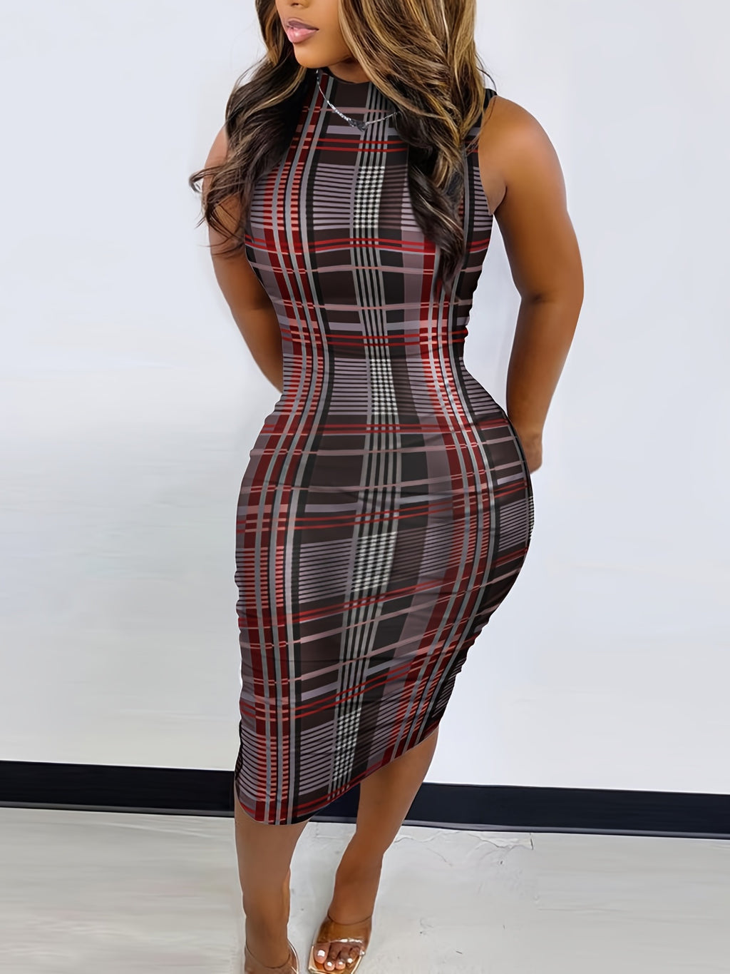 [Green Bodycon Dress] Olive Green Geometric Print Women's High-Waisted Sleeveless Dress | Stretchy Bodycon Midi Dress with Stand Collar, Machine Washable All-Season Vacation & Casual Wear, Tight Fitted Dress, Versatile Fashio