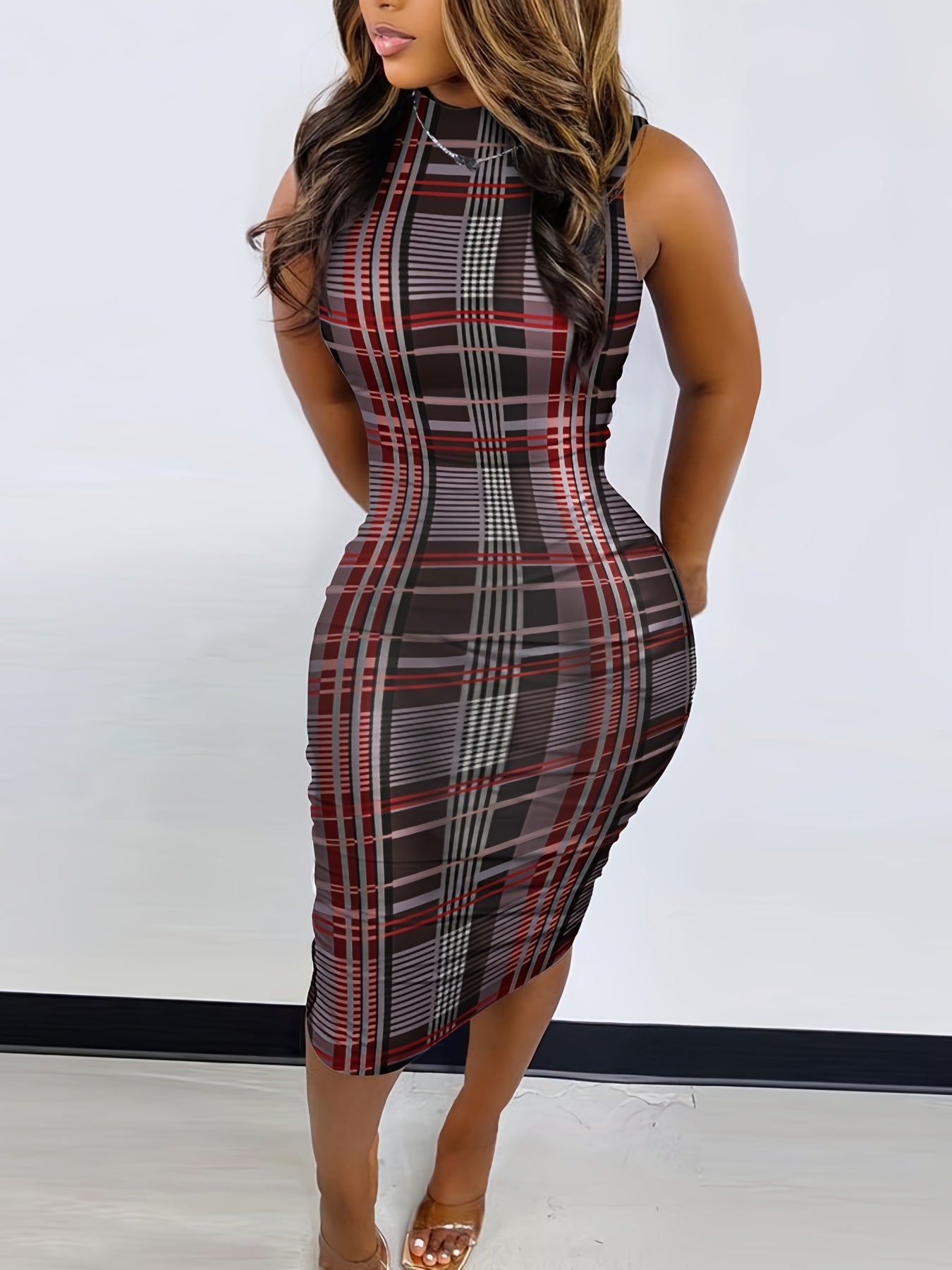 [Green Bodycon Dress] Olive Green Geometric Print Women's High-Waisted Sleeveless Dress | Stretchy Bodycon Midi Dress with Stand Collar, Machine Washable All-Season Vacation & Casual Wear, Tight Fitted Dress, Versatile Fashio