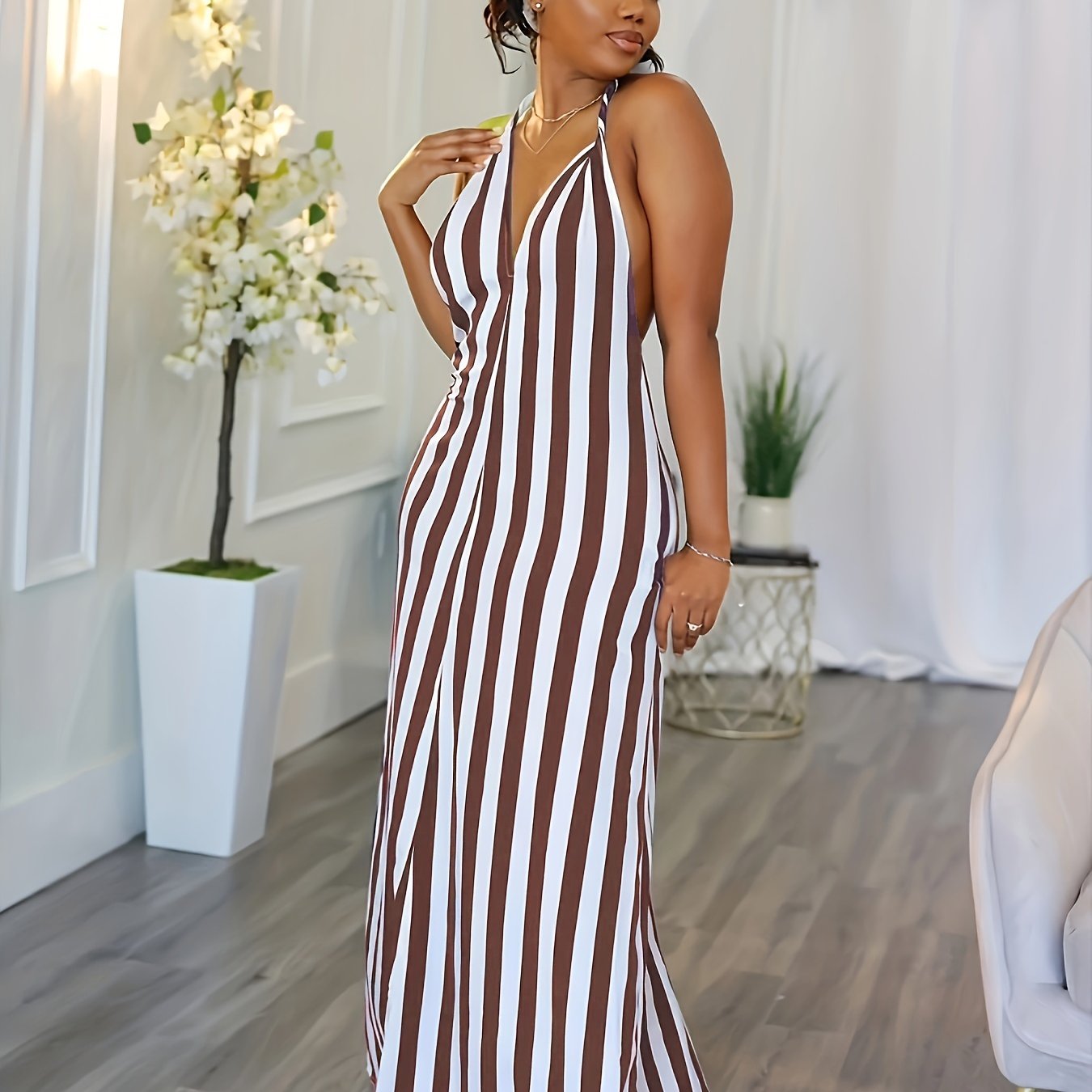 Striped V-neck Halter Dress, Sexy Backless Halter Dress For Spring & Summer, Women's Clothing