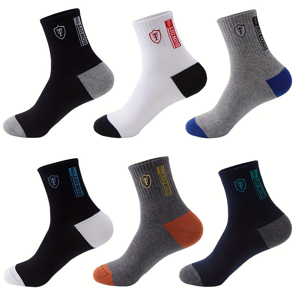 6pcs LIJIE Men's Breathable Crew Socks - Casual Business Style with Letter Print, Comfortable Polyester & Spandex Blend, Hand Wash Only, Assorted Colors, Versatile Dress Socks|Logo Printed Socks|Comfortable Fit Socks