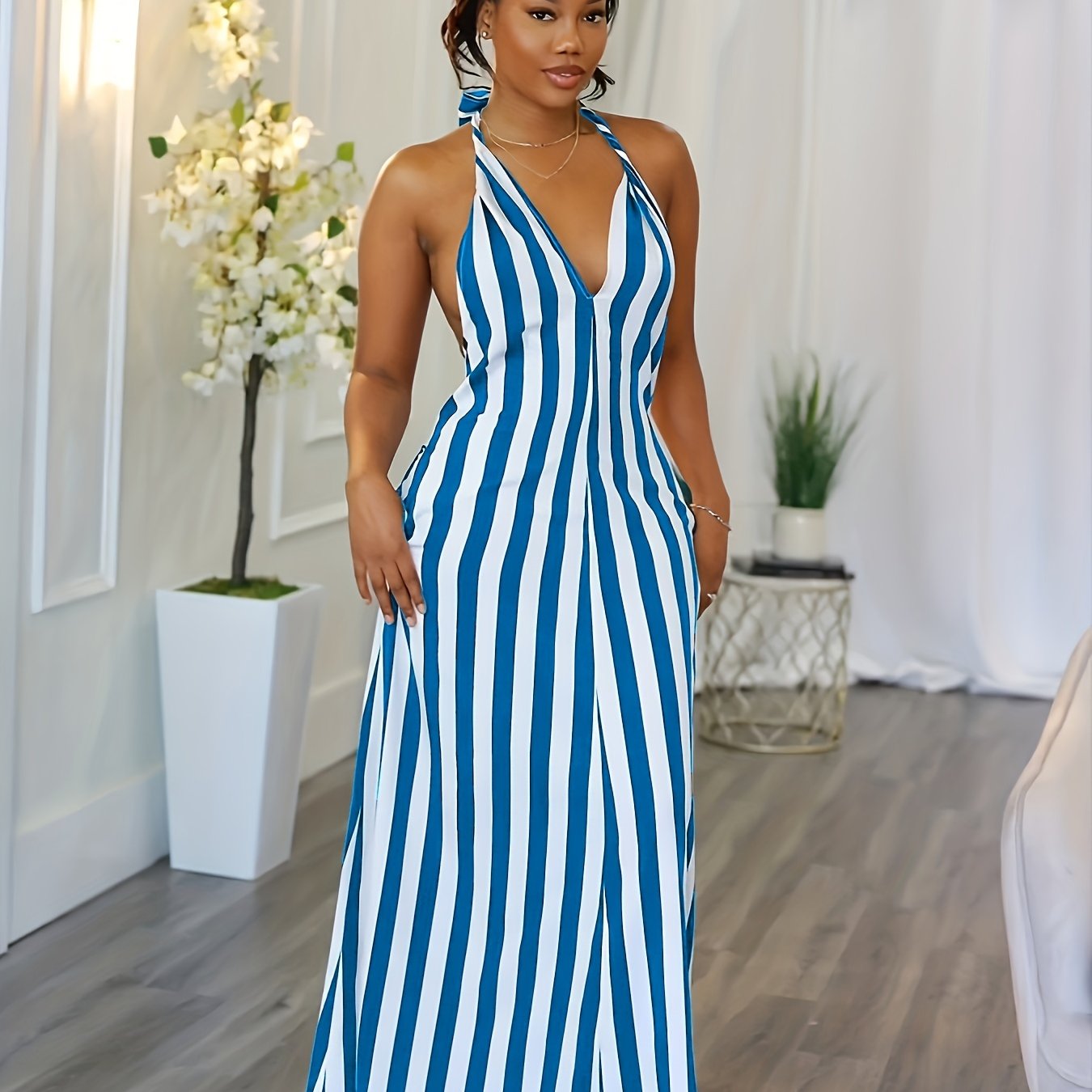 Striped V-neck Halter Dress, Sexy Backless Halter Dress For Spring & Summer, Women's Clothing