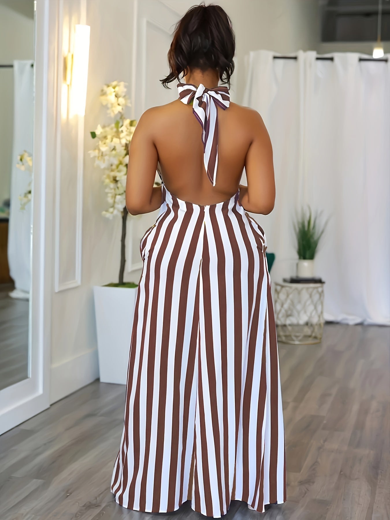 Striped V-neck Halter Dress, Sexy Backless Halter Dress For Spring & Summer, Women's Clothing
