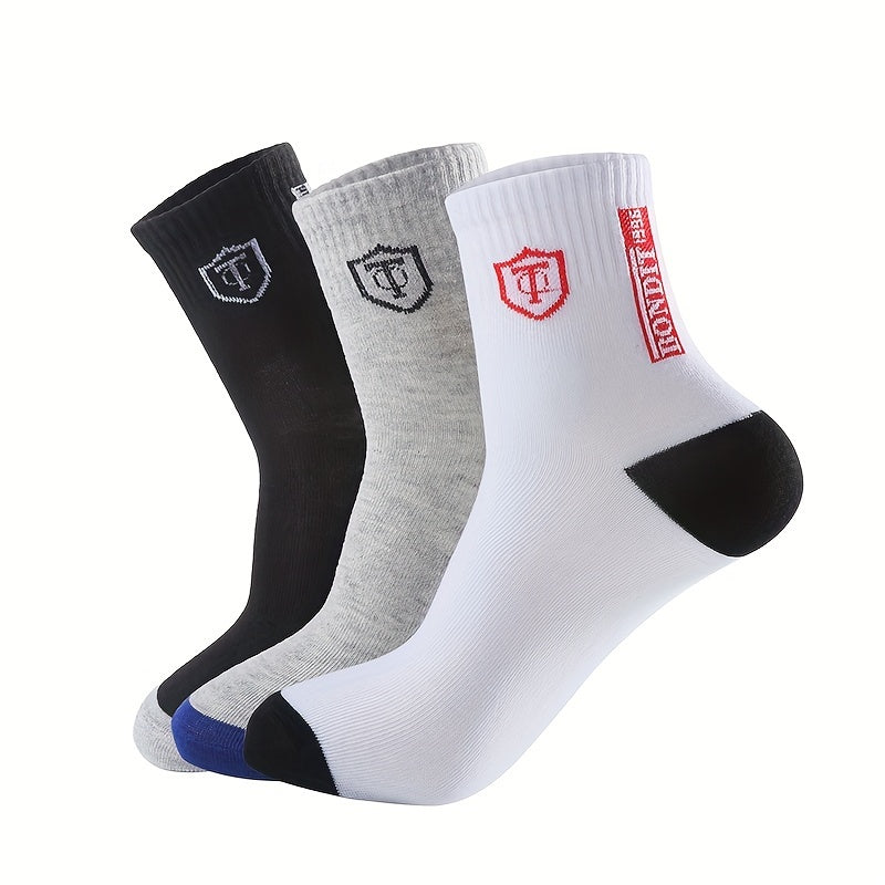 6pcs LIJIE Men's Breathable Crew Socks - Casual Business Style with Letter Print, Comfortable Polyester & Spandex Blend, Hand Wash Only, Assorted Colors, Versatile Dress Socks|Logo Printed Socks|Comfortable Fit Socks