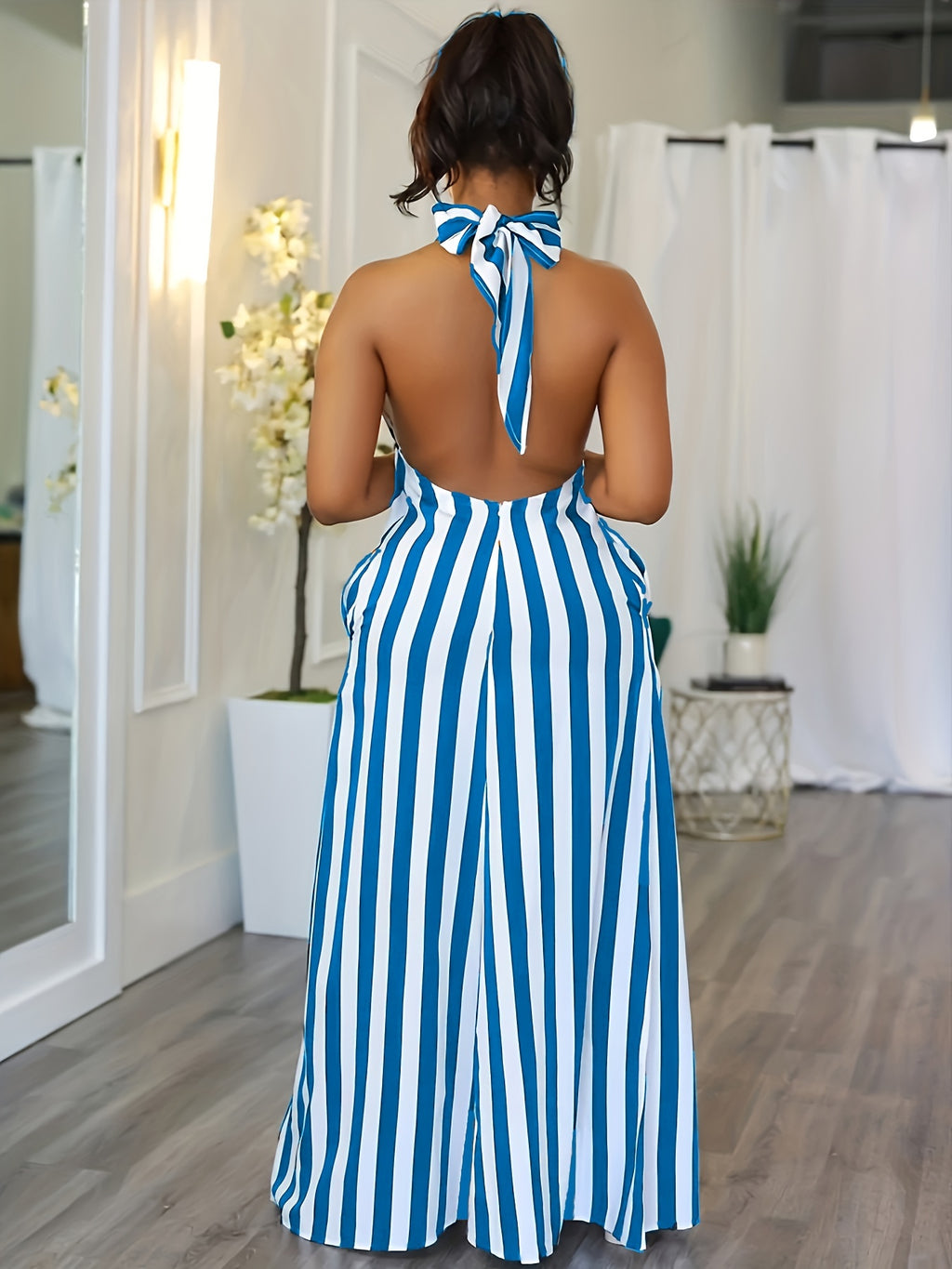 Striped V-neck Halter Dress, Sexy Backless Halter Dress For Spring & Summer, Women's Clothing