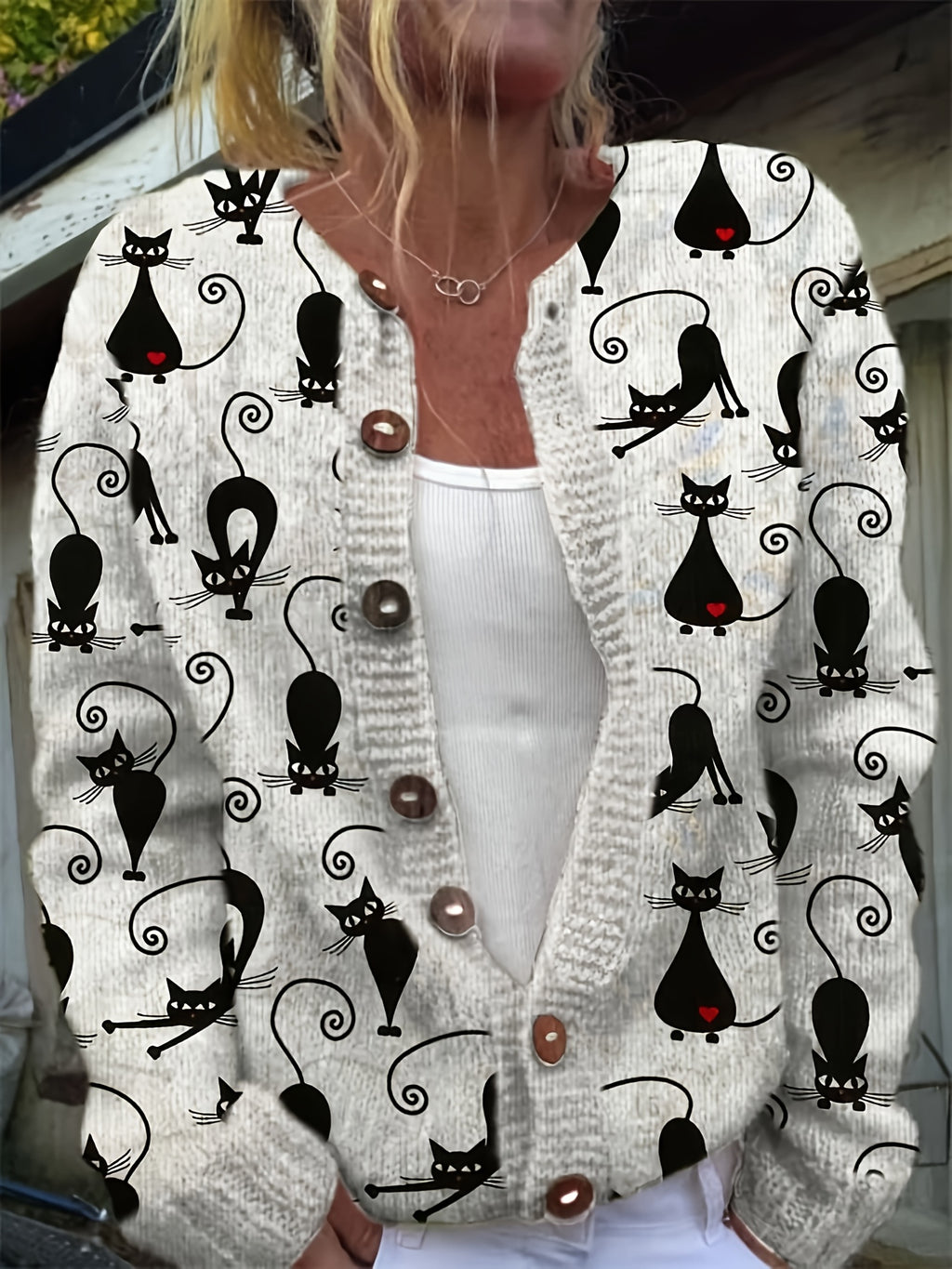 Women's Casual Cardigan Sweater - Black Cat & Red Gem Accents, Machine Washable Open Front Sweater for Everyday or Formal Outfits, Spring/Fall Layering Piece - Nina Women's Sweater, Spring Fall Apparel, Textured Knitwear