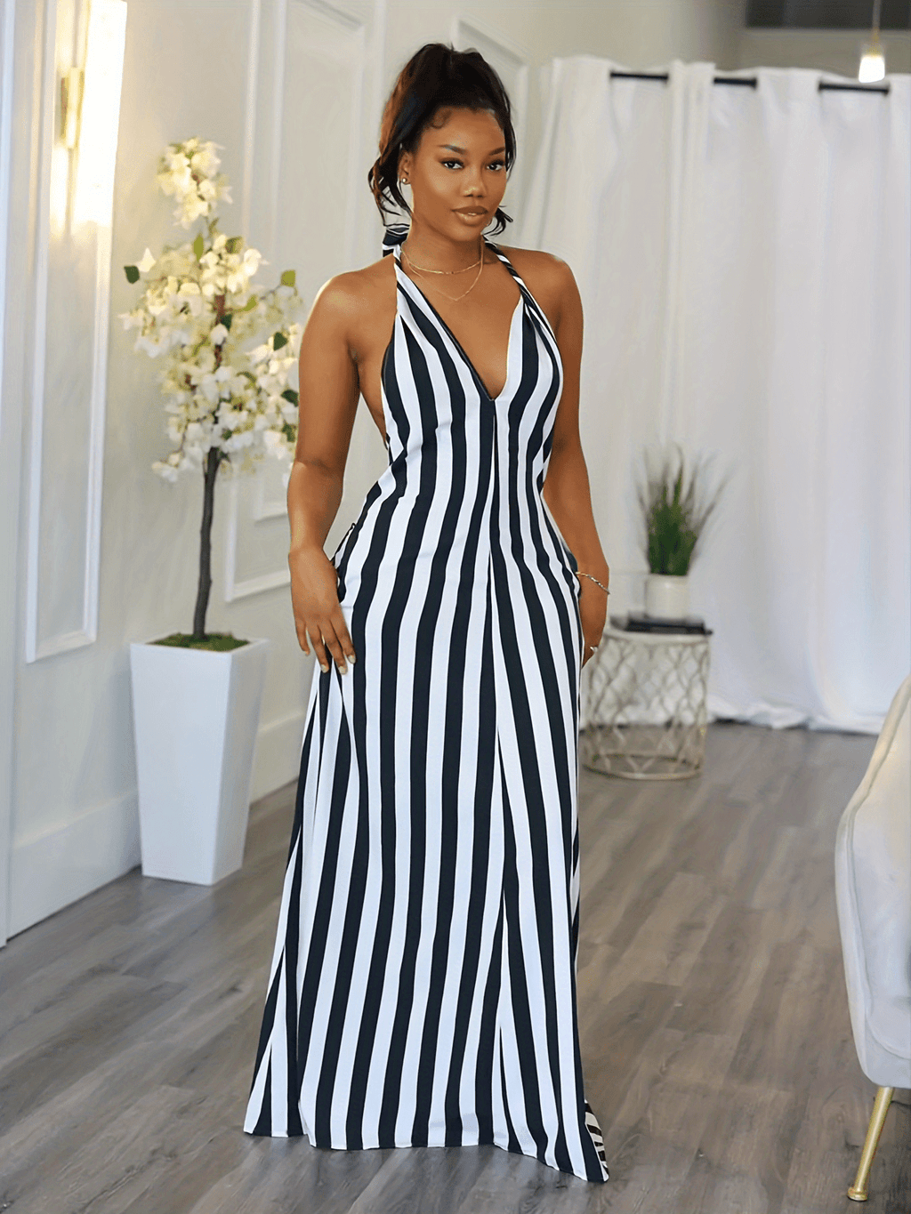 Striped V-neck Halter Dress, Sexy Backless Halter Dress For Spring & Summer, Women's Clothing
