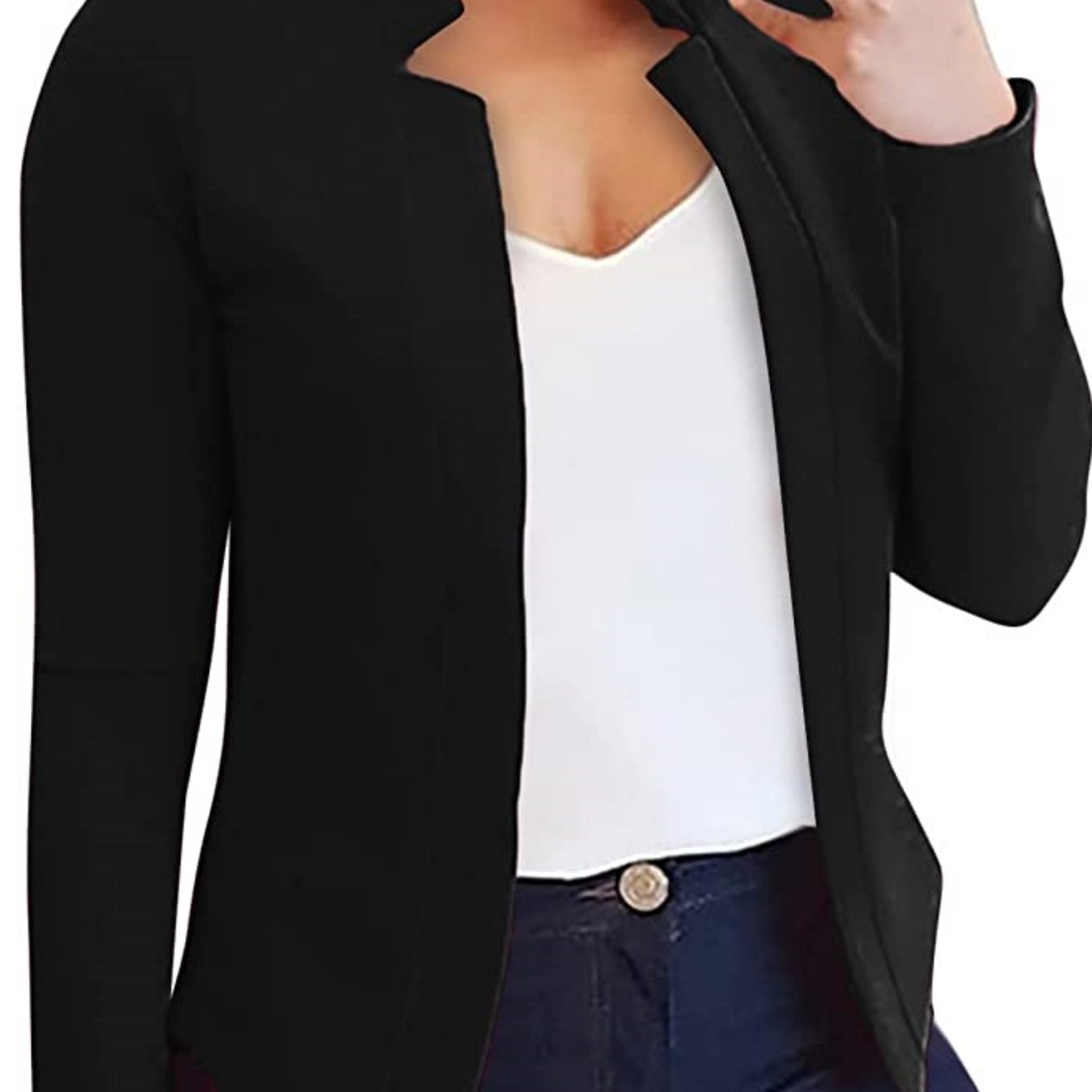 Women's All-Season Casual Blazer – Chic Open Front, Long Sleeve, Easy-Care Polyester with Contrast Collar