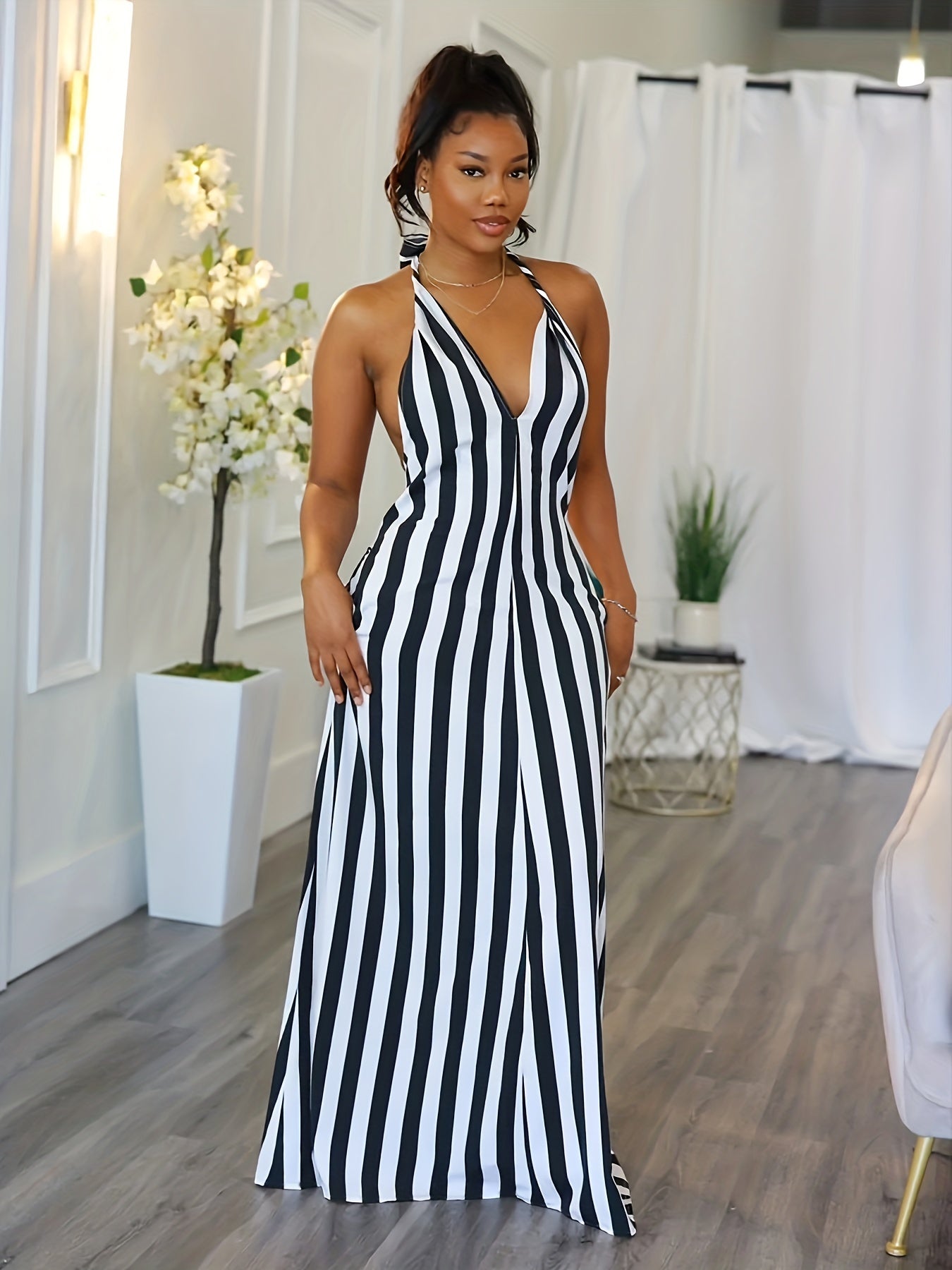 Striped V-neck Halter Dress, Sexy Backless Halter Dress For Spring & Summer, Women's Clothing