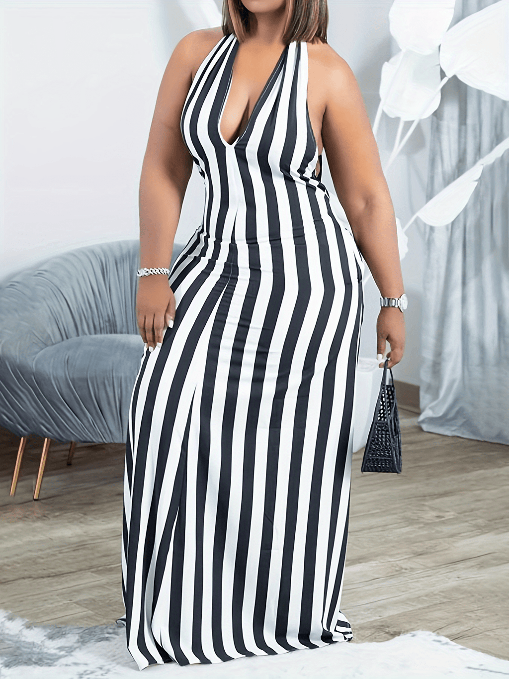 Striped V-neck Halter Dress, Sexy Backless Halter Dress For Spring & Summer, Women's Clothing