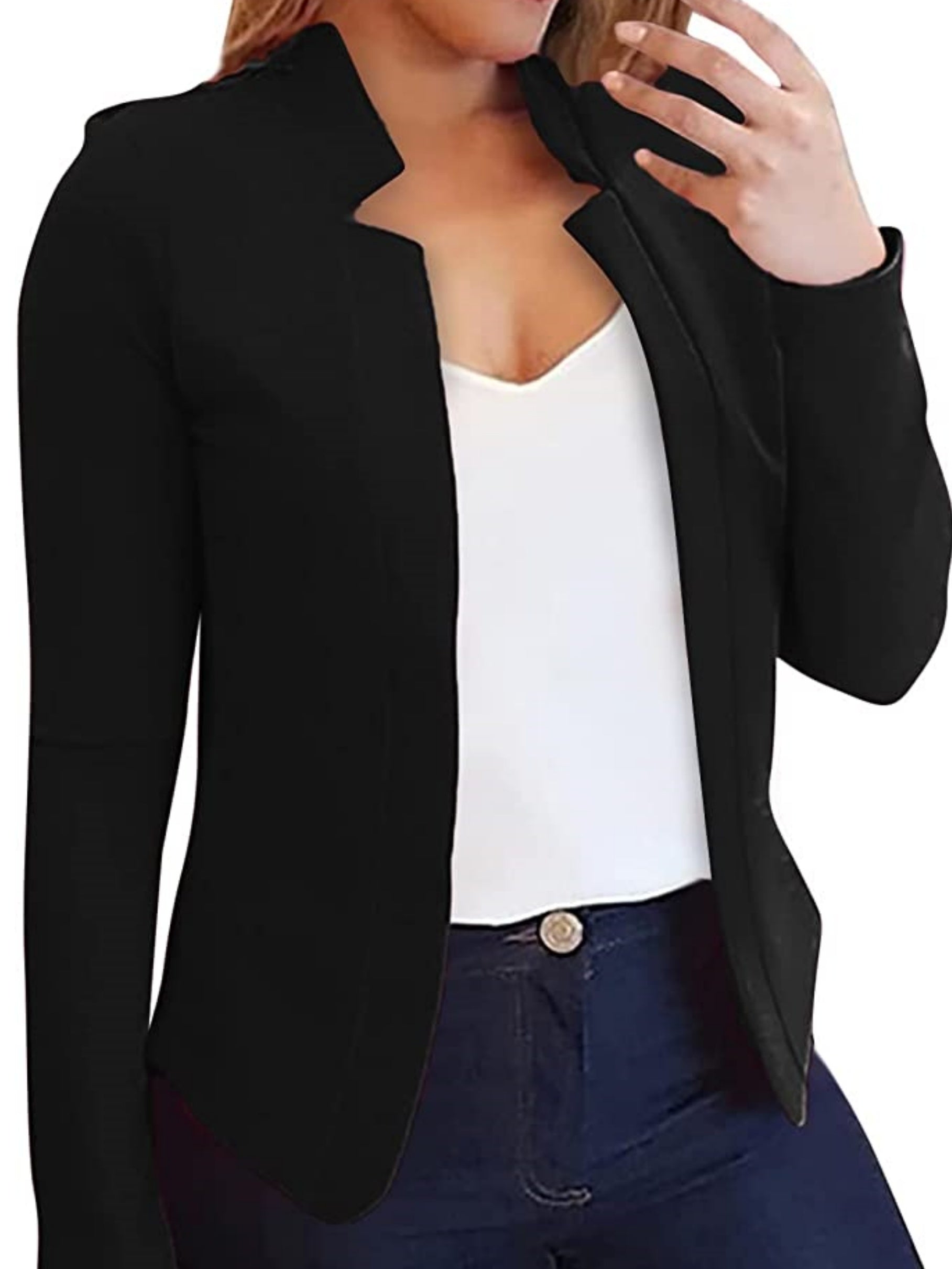 Women's All-Season Casual Blazer – Chic Open Front, Long Sleeve, Easy-Care Polyester with Contrast Collar