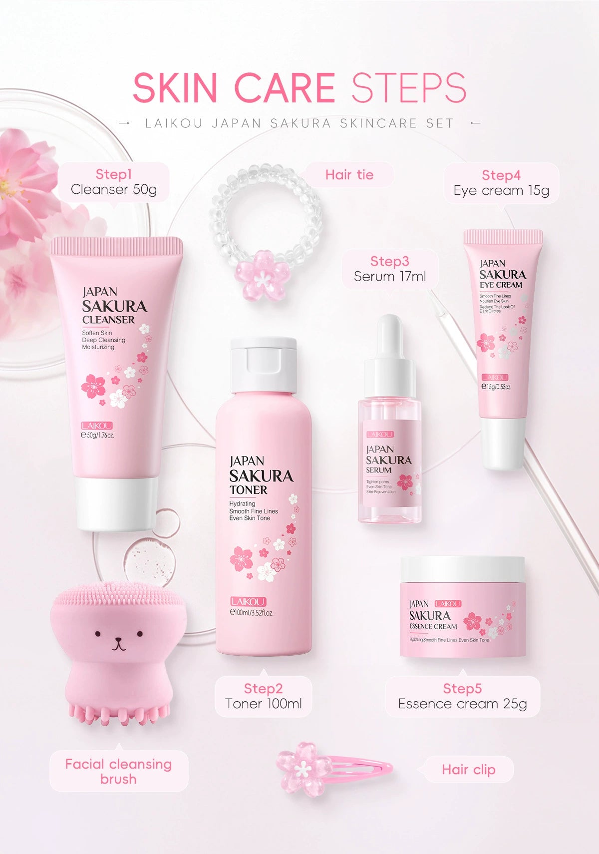 New Arrival Laikou Cherry Blossom 8-Piece Set Birthday Gift Facial Skin Care Gift Set Laikou Hydrating Moisturizing Genuine Article