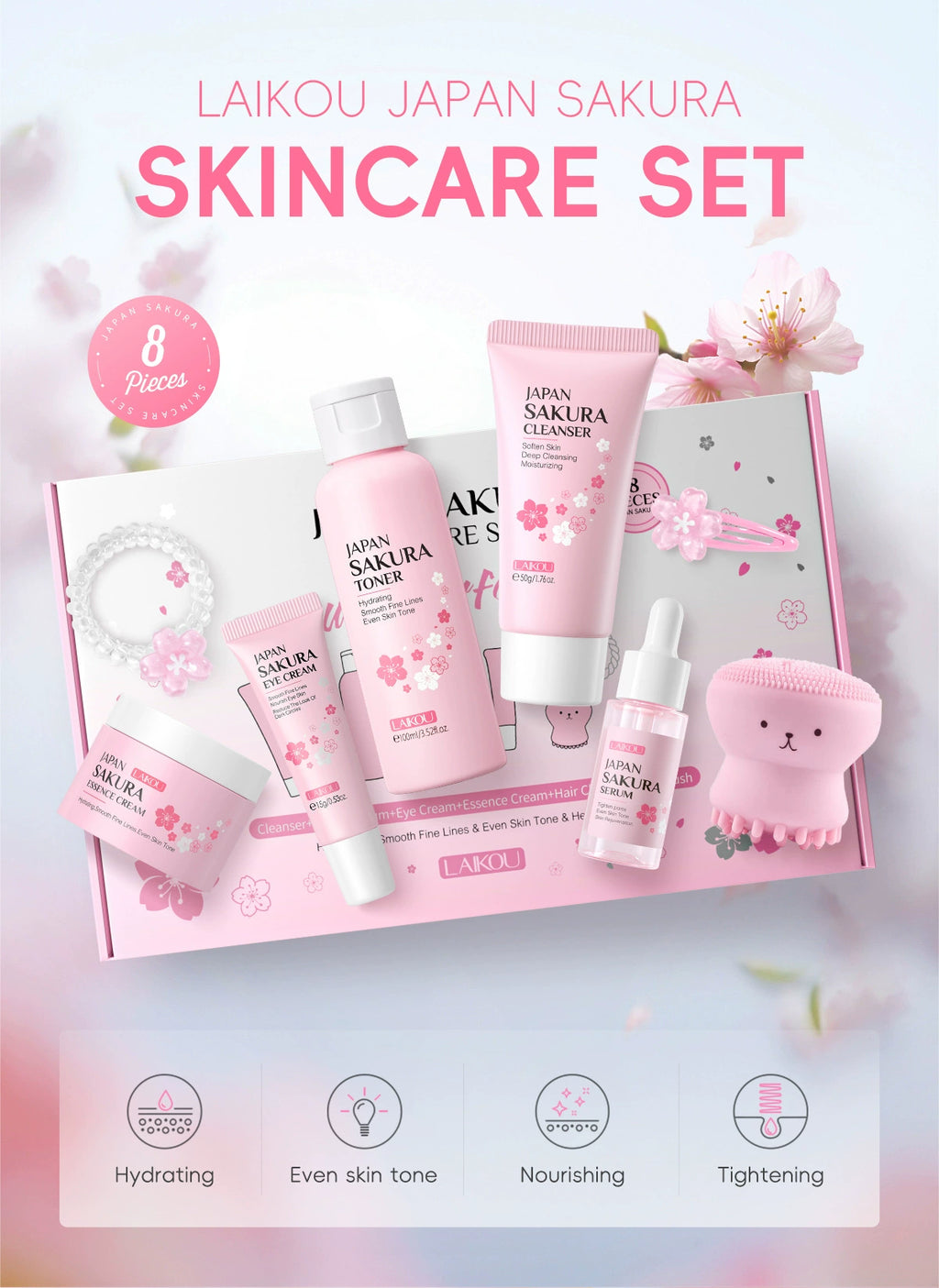 New Arrival Laikou Cherry Blossom 8-Piece Set Birthday Gift Facial Skin Care Gift Set Laikou Hydrating Moisturizing Genuine Article