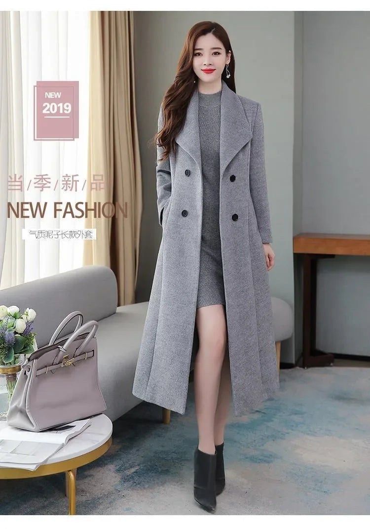 Elegant Coat Thickened Woolen Outerwear Waist Tight Autumn Winter Double Breasted Long Woolen Cardigan Cold Resistant