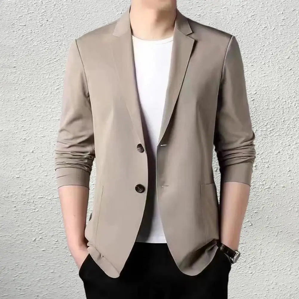 Men Thin Business Outerwear Lapel Long Sleeve Buttons Placket Suit Jacket with Pockets Solid Color Sun Protection Suit Coat