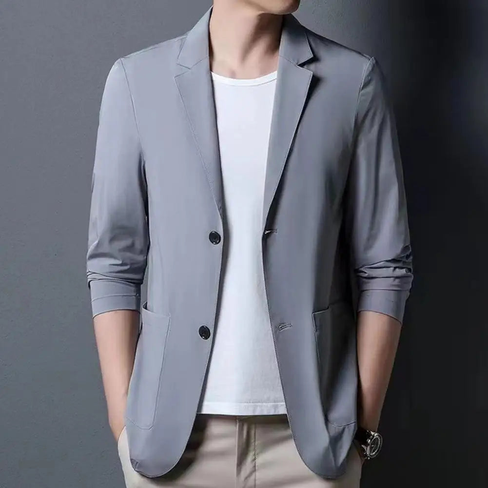 Men Thin Business Outerwear Lapel Long Sleeve Buttons Placket Suit Jacket with Pockets Solid Color Sun Protection Suit Coat