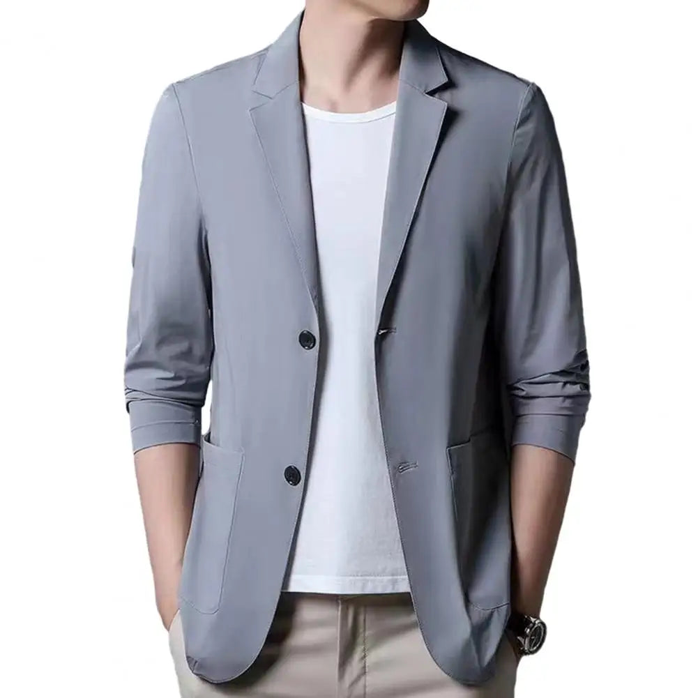 Men Thin Business Outerwear Lapel Long Sleeve Buttons Placket Suit Jacket with Pockets Solid Color Sun Protection Suit Coat