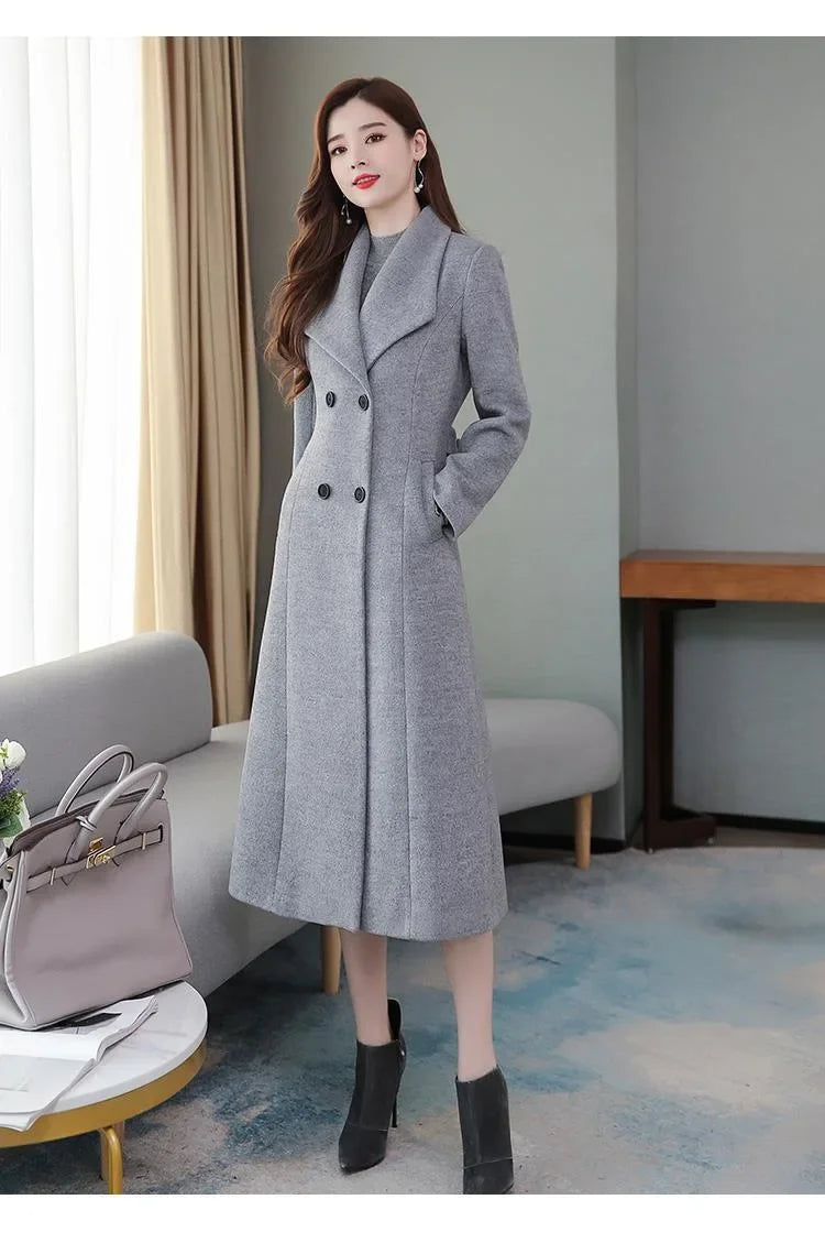 Elegant Coat Thickened Woolen Outerwear Waist Tight Autumn Winter Double Breasted Long Woolen Cardigan Cold Resistant