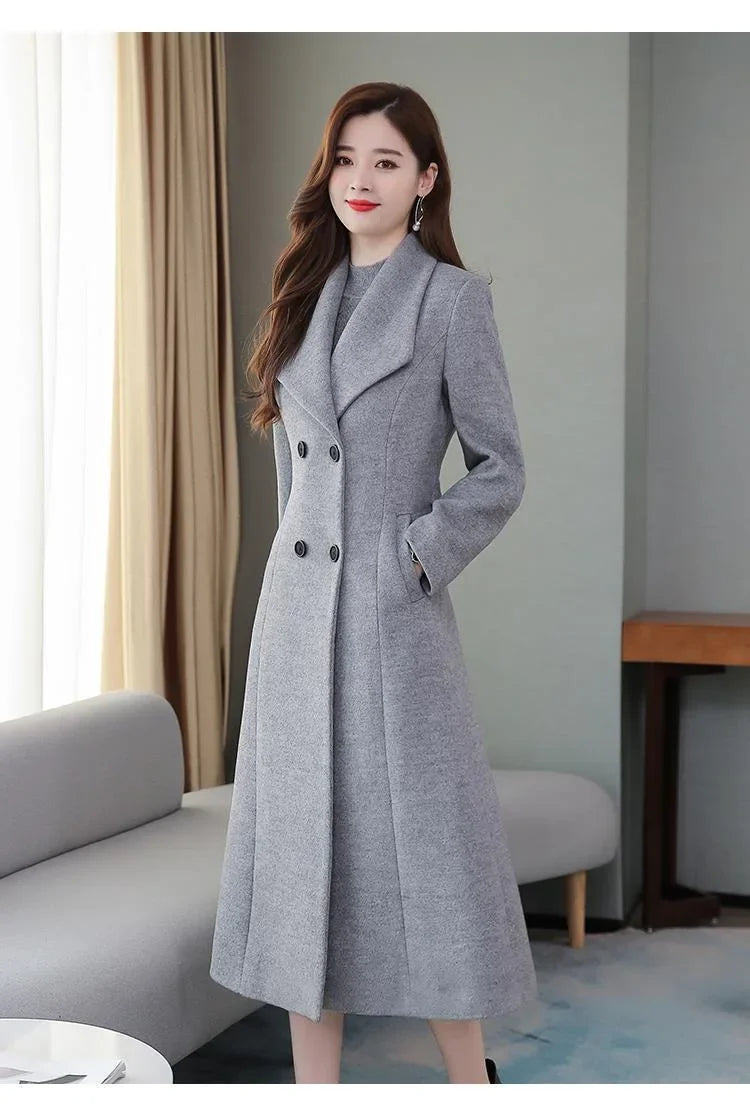 Elegant Coat Thickened Woolen Outerwear Waist Tight Autumn Winter Double Breasted Long Woolen Cardigan Cold Resistant