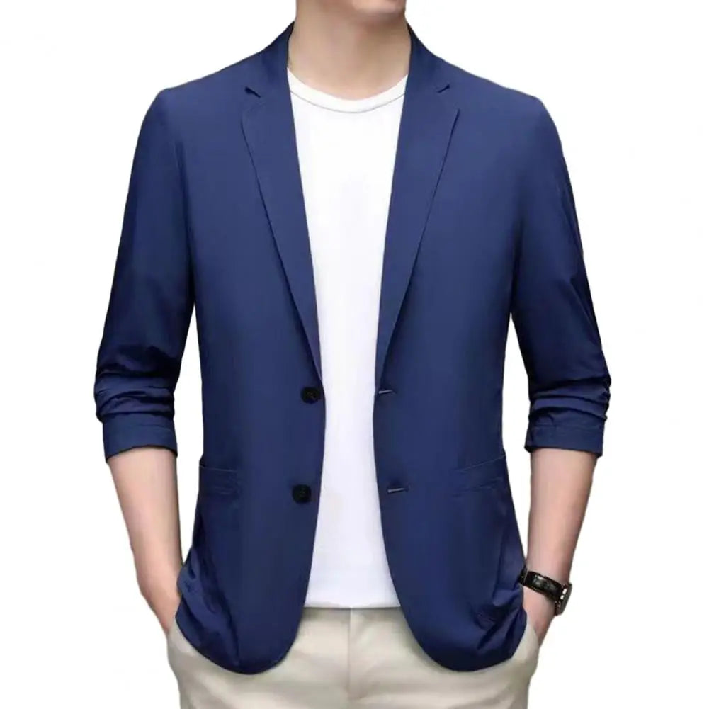 Men Thin Business Outerwear Lapel Long Sleeve Buttons Placket Suit Jacket with Pockets Solid Color Sun Protection Suit Coat