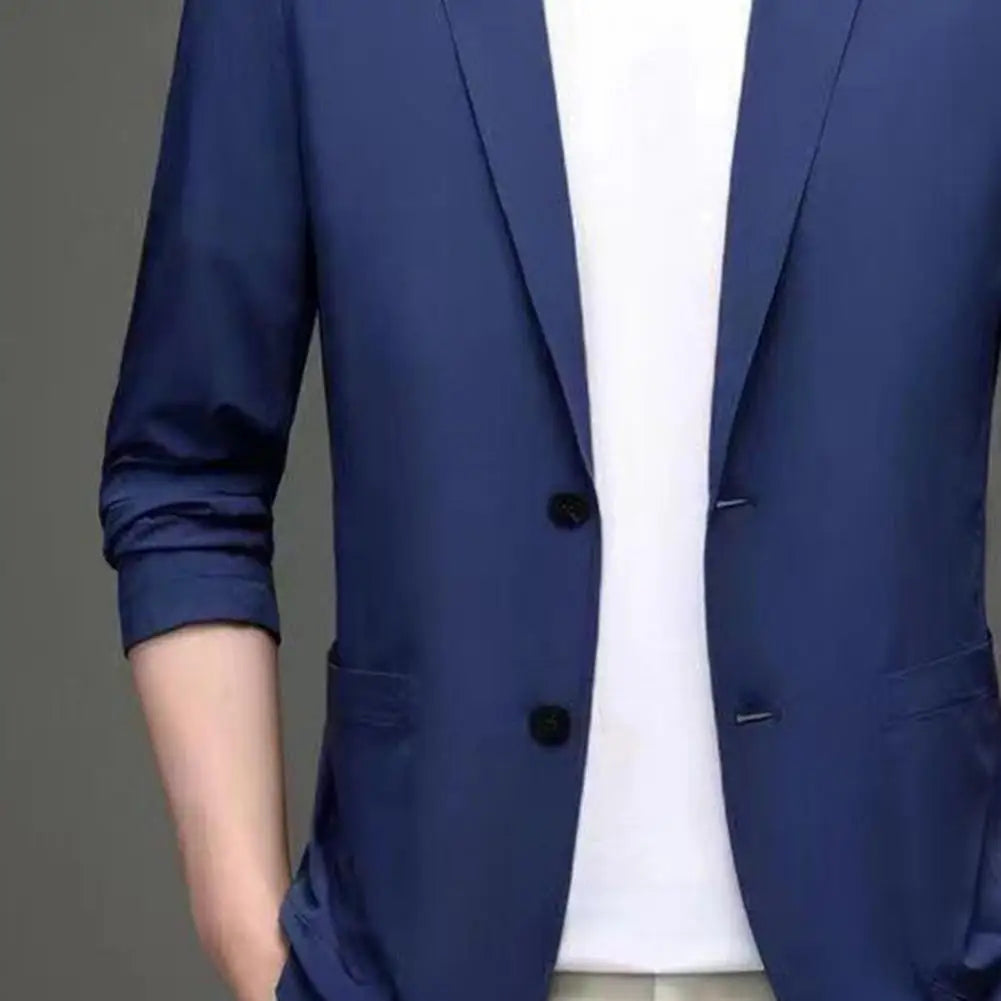 Men Thin Business Outerwear Lapel Long Sleeve Buttons Placket Suit Jacket with Pockets Solid Color Sun Protection Suit Coat