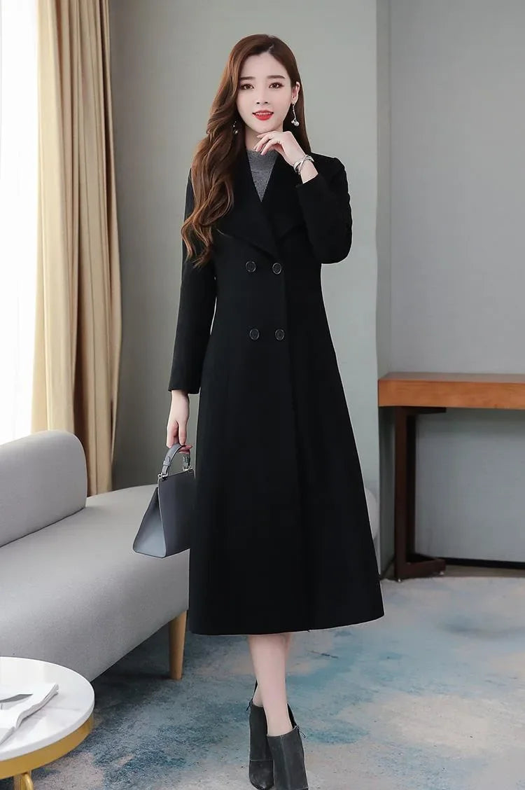 Elegant Coat Thickened Woolen Outerwear Waist Tight Autumn Winter Double Breasted Long Woolen Cardigan Cold Resistant