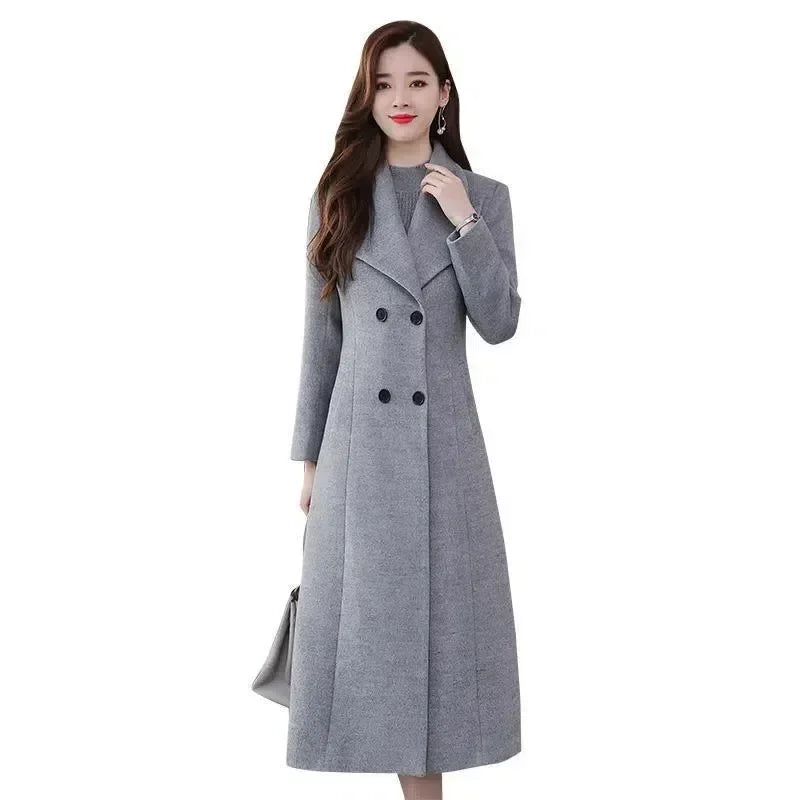 Elegant Coat Thickened Woolen Outerwear Waist Tight Autumn Winter Double Breasted Long Woolen Cardigan Cold Resistant