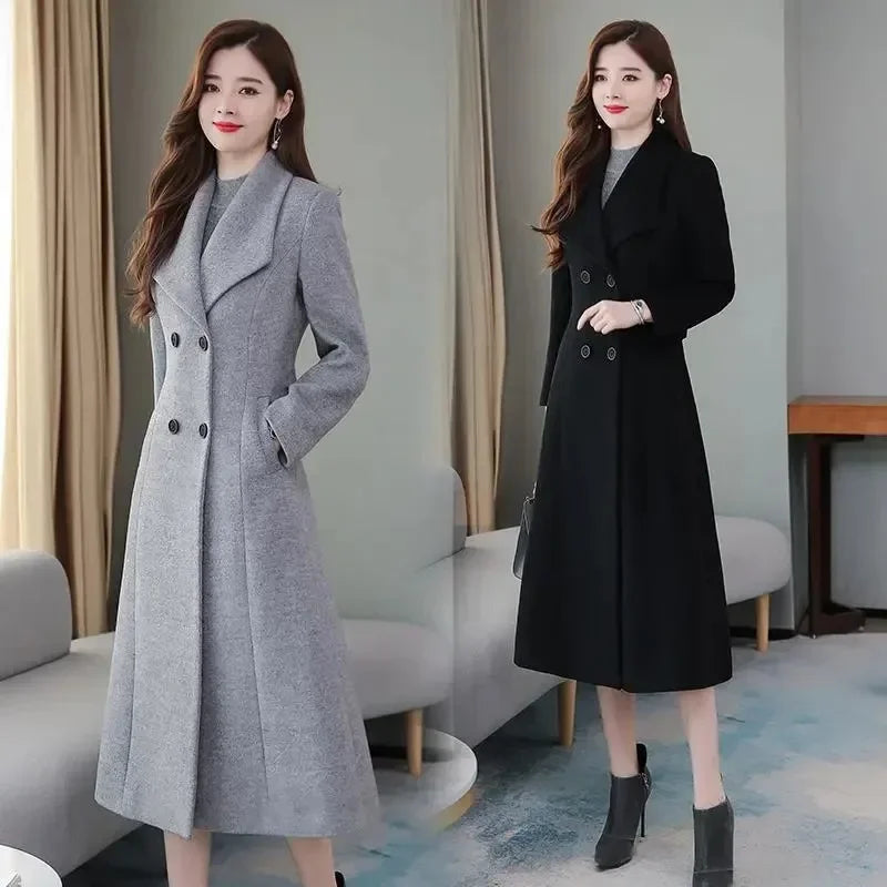 Elegant Coat Thickened Woolen Outerwear Waist Tight Autumn Winter Double Breasted Long Woolen Cardigan Cold Resistant