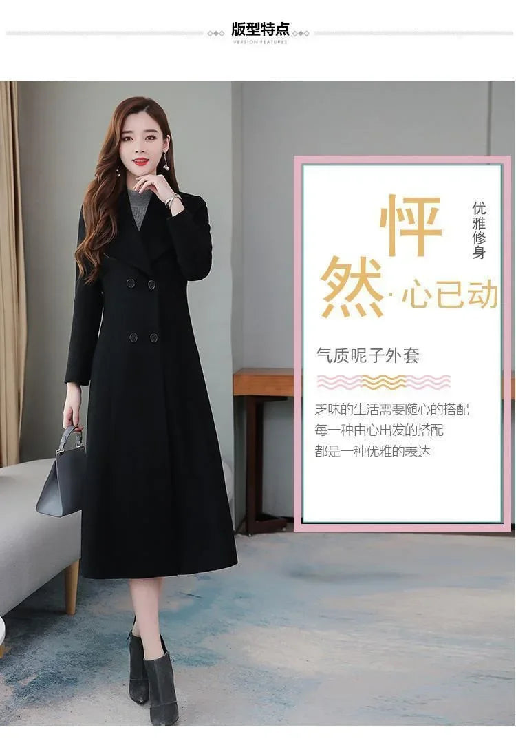Elegant Coat Thickened Woolen Outerwear Waist Tight Autumn Winter Double Breasted Long Woolen Cardigan Cold Resistant