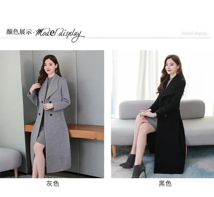 Elegant Coat Thickened Woolen Outerwear Waist Tight Autumn Winter Double Breasted Long Woolen Cardigan Cold Resistant