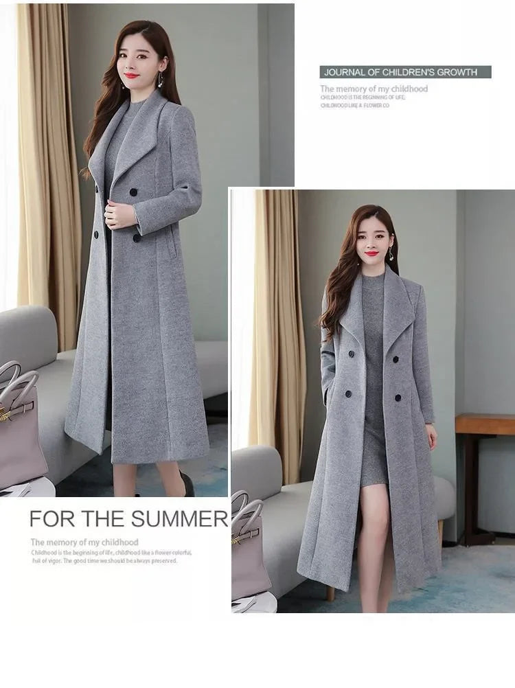 Elegant Coat Thickened Woolen Outerwear Waist Tight Autumn Winter Double Breasted Long Woolen Cardigan Cold Resistant