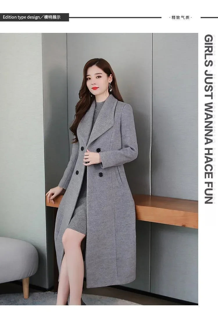 Elegant Coat Thickened Woolen Outerwear Waist Tight Autumn Winter Double Breasted Long Woolen Cardigan Cold Resistant