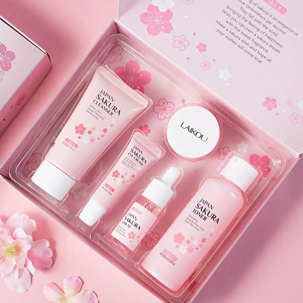 LAIKOU Sakura Skin Care Set Facial Cleanser Eye Creams Face Cream Serum Lotion Toner Moisturizing Face Care Kit