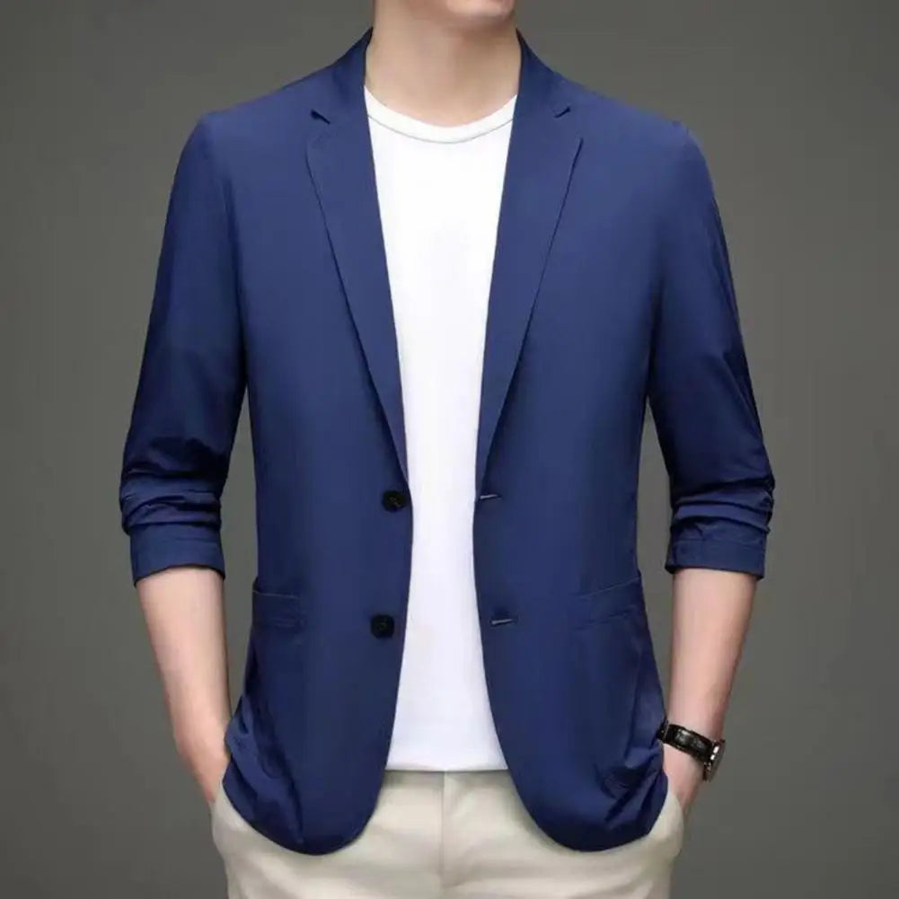 Men Thin Business Outerwear Lapel Long Sleeve Buttons Placket Suit Jacket with Pockets Solid Color Sun Protection Suit Coat