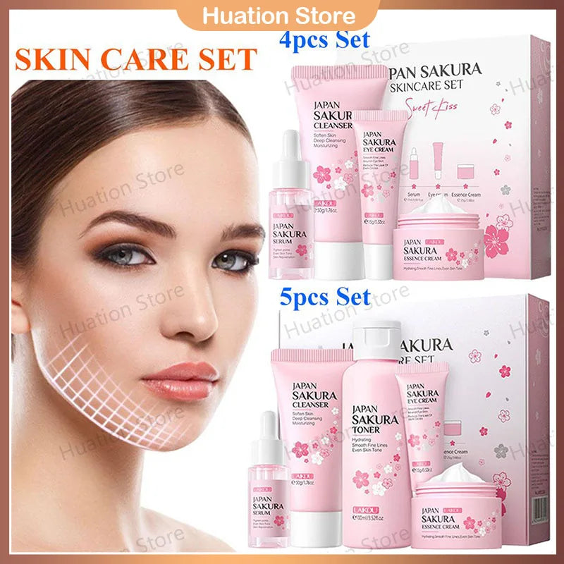 LAIKOU Sakura Skin Care Set Facial Cleanser Eye Creams Face Cream Serum Lotion Toner Moisturizing Face Care Kit