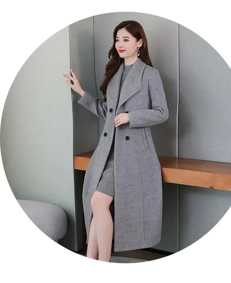 Elegant Coat Thickened Woolen Outerwear Waist Tight Autumn Winter Double Breasted Long Woolen Cardigan Cold Resistant